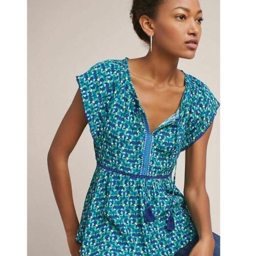 Anthropologie Blue Treme Tassel Tie Front Blouse NWT Size SP - Picture 4 of 6